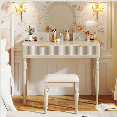 Bureau de coiffeuse de luxe avec miroir rond, hauteur réglable, ensemble de coiffeuse, 4 tiroirs et tabouret, champagne