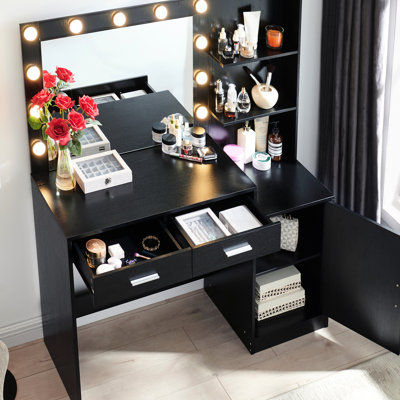 Bureau de coiffeuse noir avec miroir, lumières, 2 grands tiroirs, commode à 3 niveaux, 46,4 po, modes d'éclairage pour la chambre à coucher, modes 46,4 po, disposition