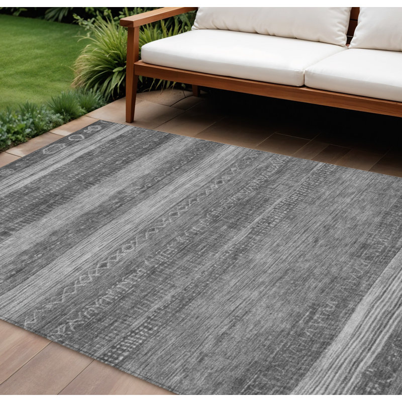 Tapis d'extérieur lavable gris et argent 10 pi x 14 pi Aztec