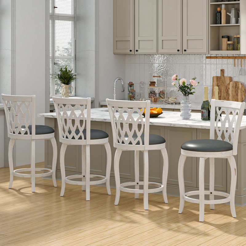 Swivel Upholstered Stool with Solid Wood Frame, White, Counter Stool (24" Seat Height)