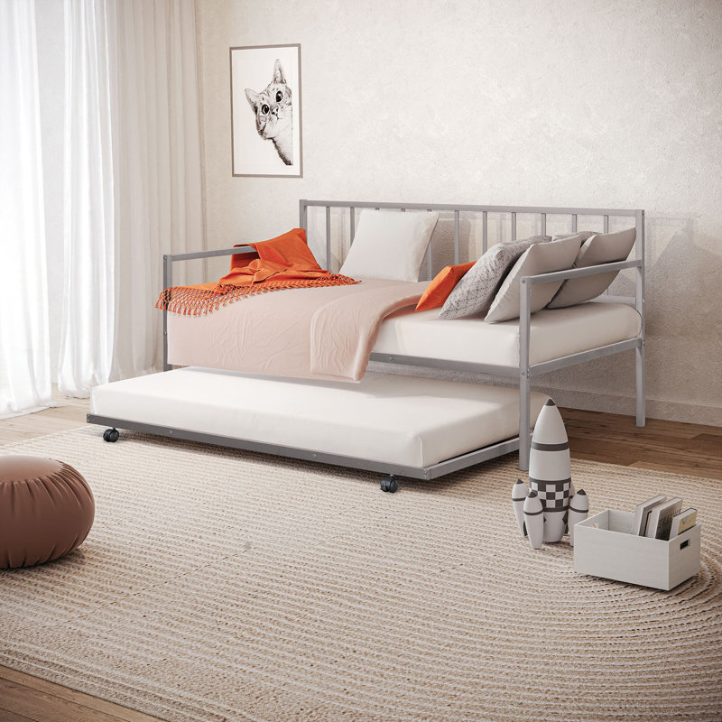 Silver Finish 1Pc Twin Size Metal Daybed With Trundle Contemporary Style Full Metal Structure Mattress Ready, Silver