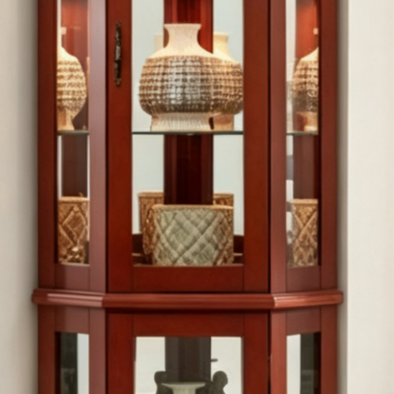 Solid Wood  Corner Curio Cabinet With Adjustable Glass Shelves & Mirrored Back, Traditional Display Storage For Living Room & Bedroom