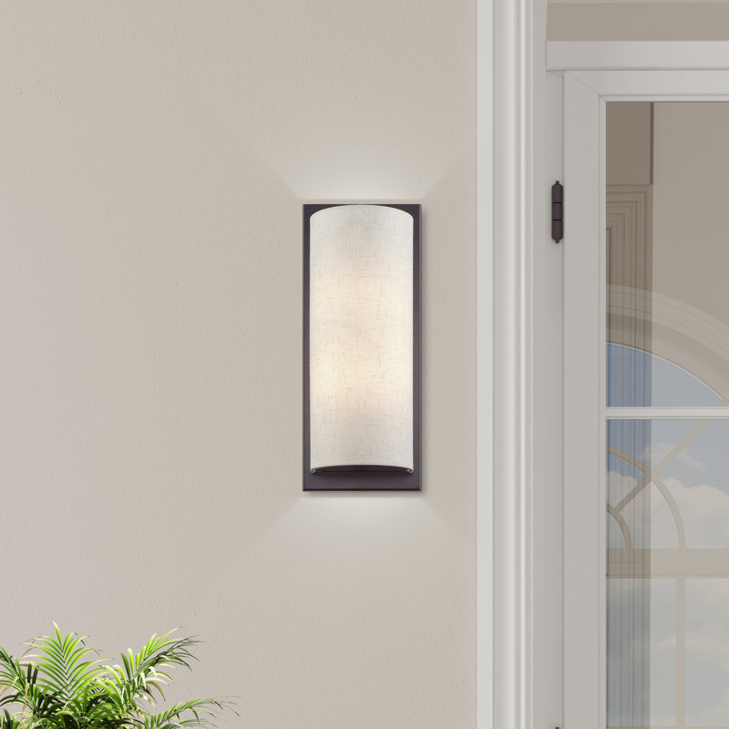 2 Light Antique Brass Large ADA Sconce With Hand Crafted Off-White Fabric Shade, English Bronze