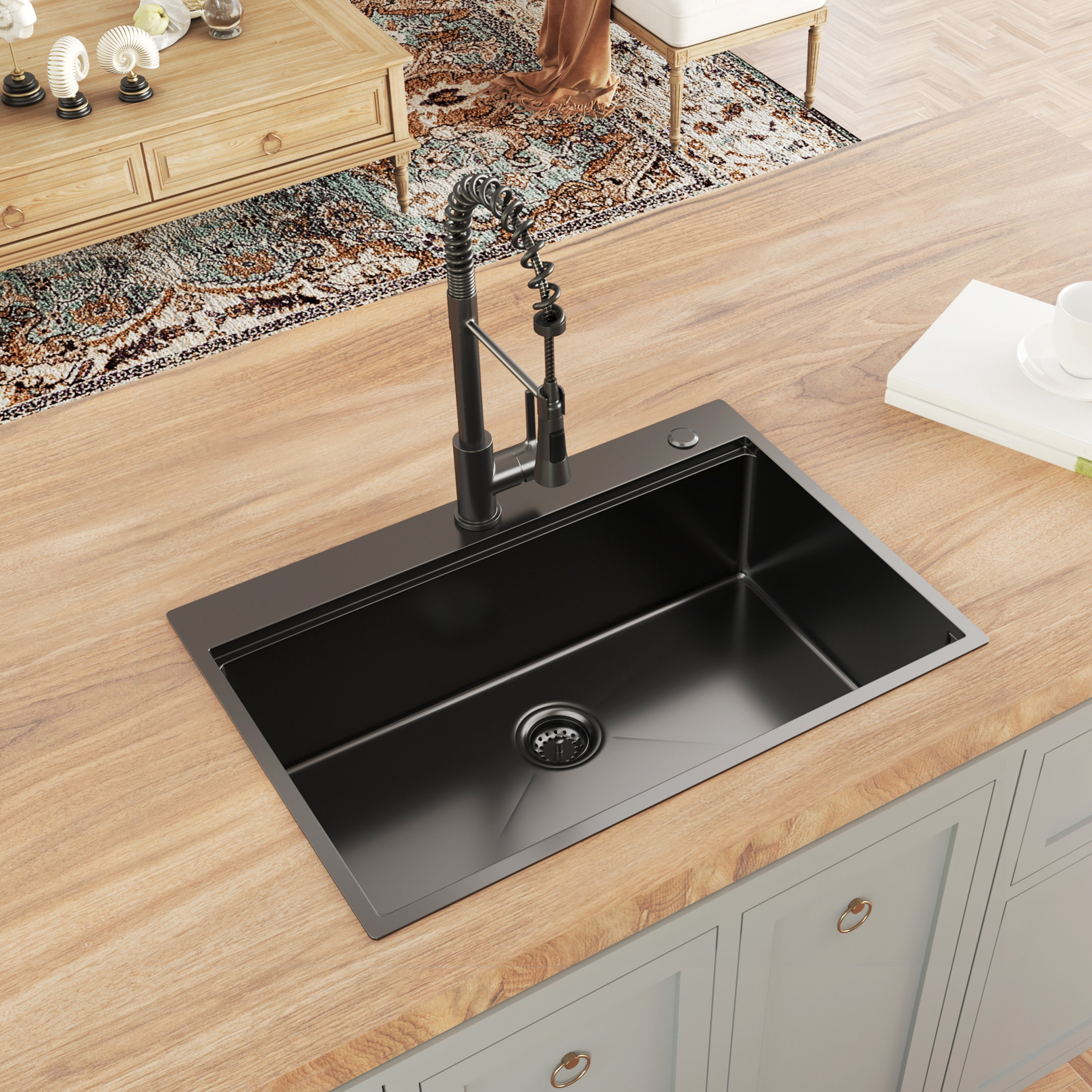 Black Quartz Kitchen Sink Double Bowl Drop-In Sink with Drain Board