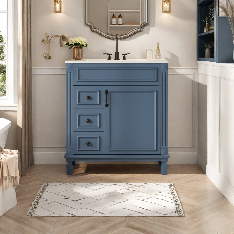 Meuble-lavabo 30 po avec lavabo en céramique, petite armoire de salle de bain, armoire moderne avec 2 tiroirs, Bleu