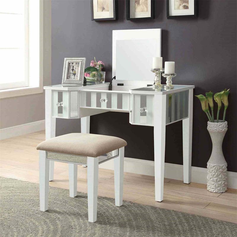 Ensemble de coiffeuse de style transitionnel avec tiroirs de rangement, miroir central et tabouret rembourré pour des meubles de chambre à coucher élégants