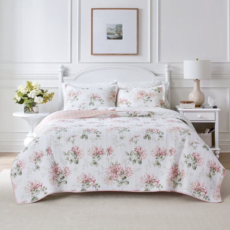 Blush Floral Cotton Twin Reversible Quilt Set