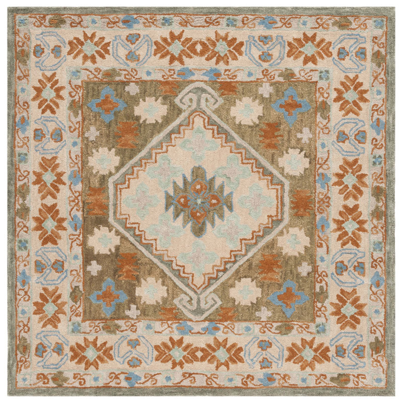 Tapis oriental en coton touffeté à la main ivoire / bleu clair Marcous, Carré 6 pi