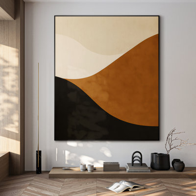 Très grand art mural imprimé sur toile - art abstrait minimaliste à motif de vagues brun et noir pour décor de salon ou de chambre à coucher - "Assemblage requis (cadre non fini)"