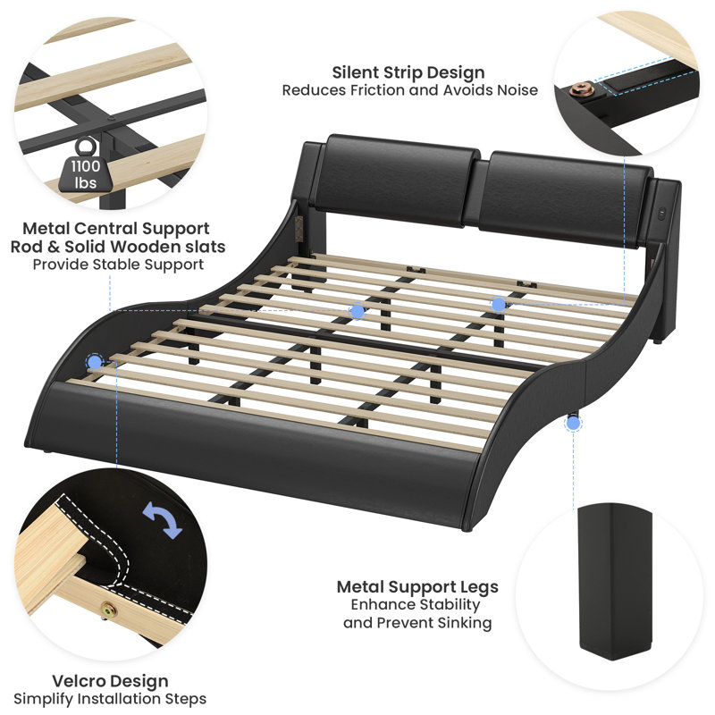 Led Bed Frame With Charging Ports And Headboard Modern Low Profile Platform Bed Frame With Led Lights Wave Like Curve Led Bed Frame,wood Slats Support,easy Assembly,black