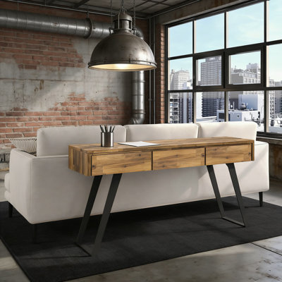 Console de canapé moderne et industrielle, en bois d'acacia massif et en métal, finition blé doré vieilli, largeur de 60 pouces pour le salon, le vestibule et la chambre à coucher