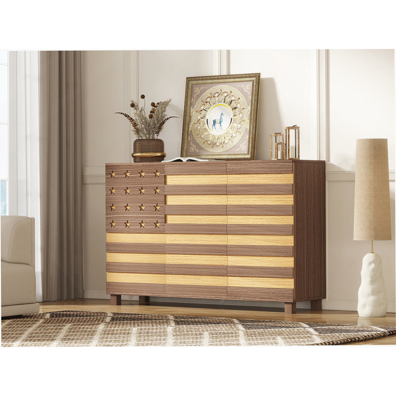 Buffet Buffet, armoire de cuisine avec 2 tiroirs et 3 portes, Brun / jaune
