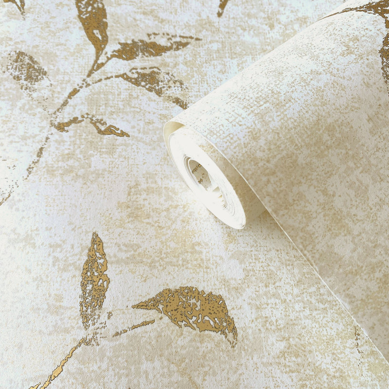 Elegance Collection Leaf Impression Metallic Finish Wallpaper Roll, Beige