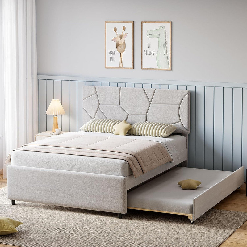 Structure de lit gigogne avec tête de lit, plateforme rembourrée, support en lattes de bois, pour chambre d'amis, Lit double