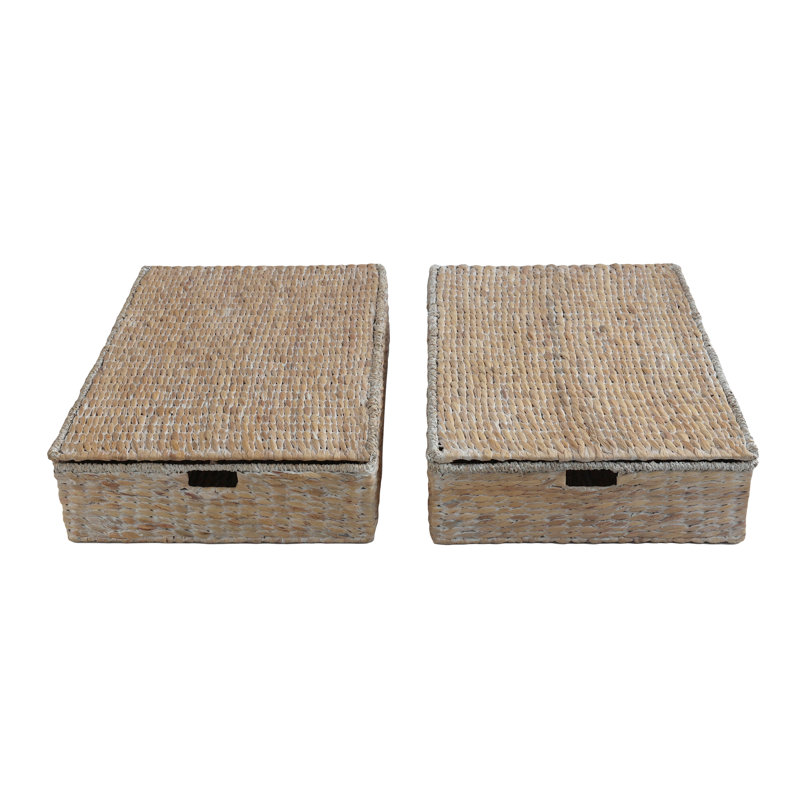 Holden 30'' Classic Costal Hand-Woven Hyacinth Wicker Under Bed Storage Basket with Lid, White Wash