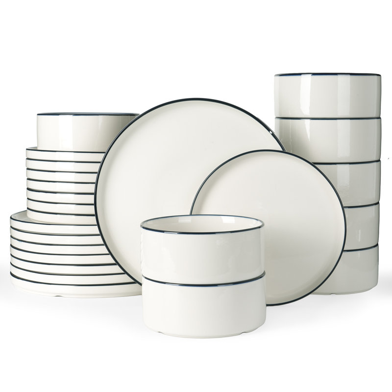  Assiettes et bols en jade, ensemble de vaisselle de 24 pièces, ensemble pour 8, blanc, Blanc avec bordure bleue