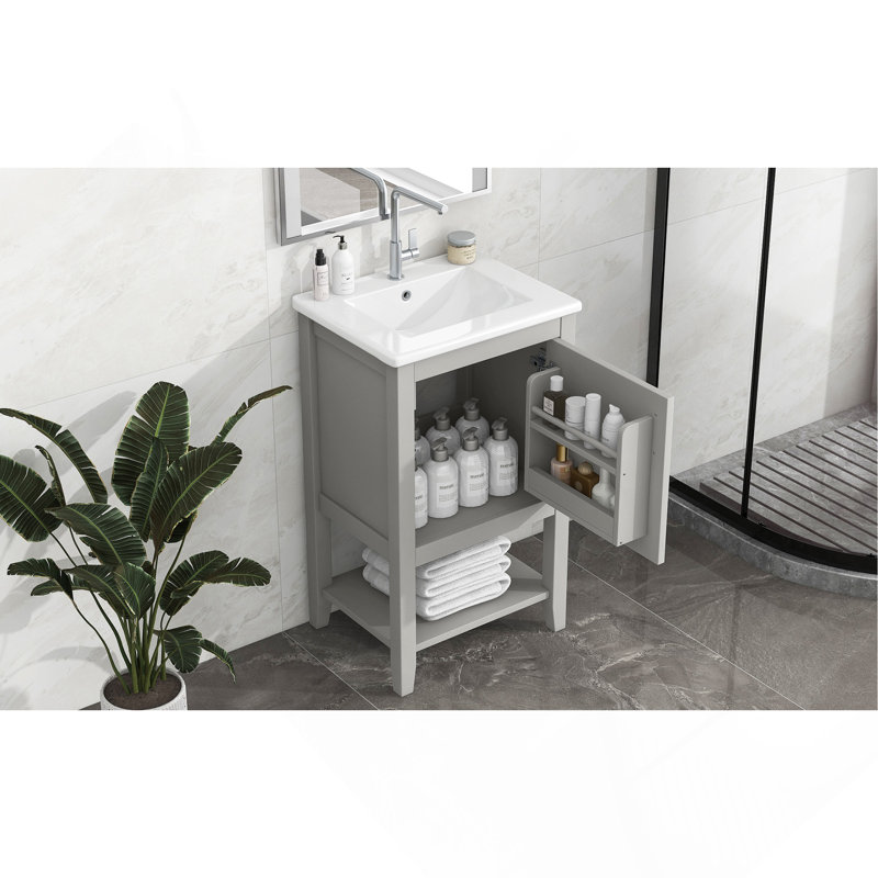 Meuble-lavabo de 20 po avec lavabo, armoire de salle de bain avec porte à fermeture douce, support de rangement et tablette ouverte, gris