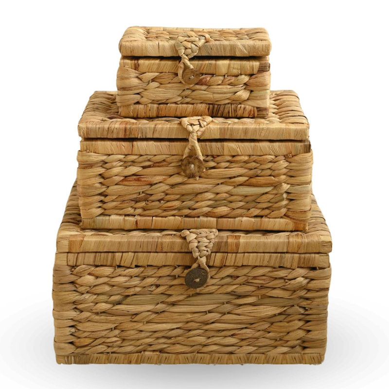 Set Of  Handwoven Storage Boxes With Lid Wicker Rectangular Basket For Seagrass Decorative Boxes For Home Décor Stacking Baskets With Lids For