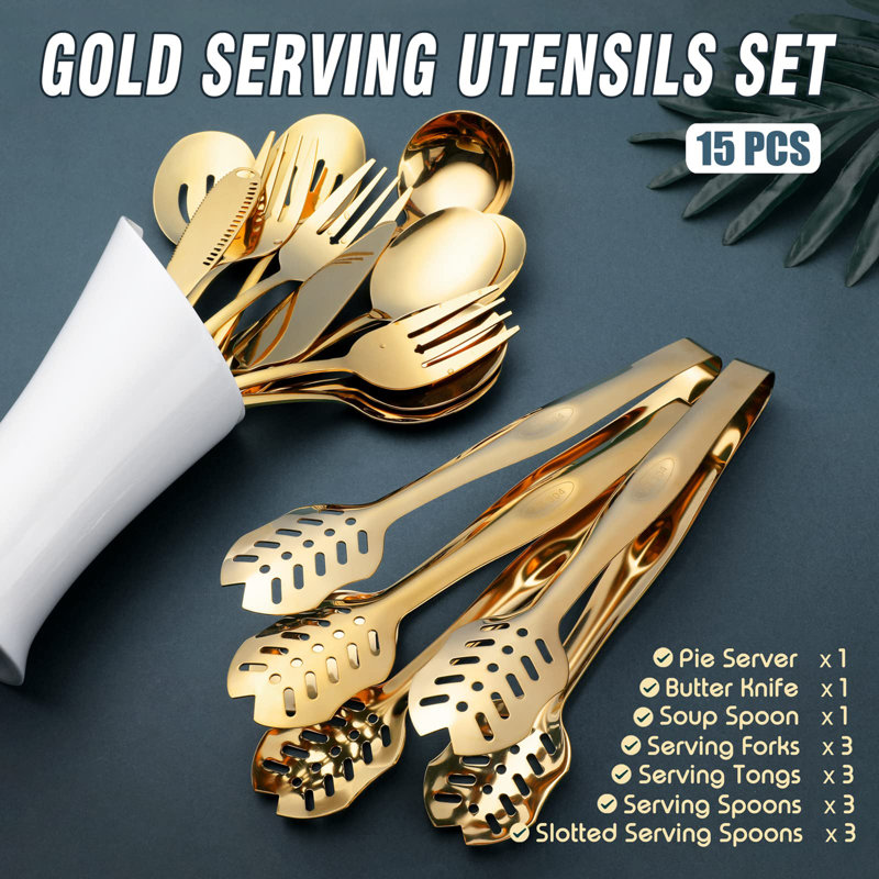 15-Piece Stainless Steel Gold Serving Utensils Set