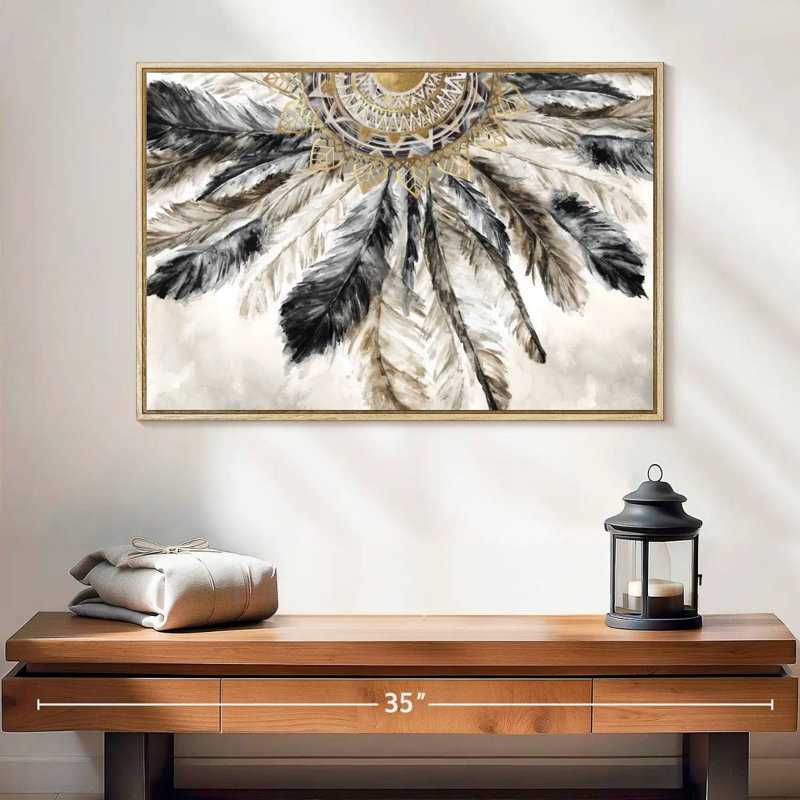 Collier de plumes III, 25 po x 17 po, Cadre flottant en bois naturel