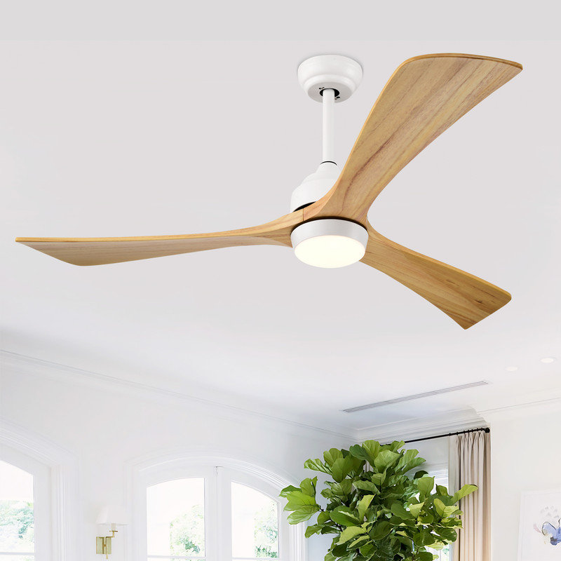 52" Solid Wood Ceiling Fan with Light, 3-Blade Quiet DC Motor, Remote Control & Reversible for Living Room & Bedroom(White +Natural)
