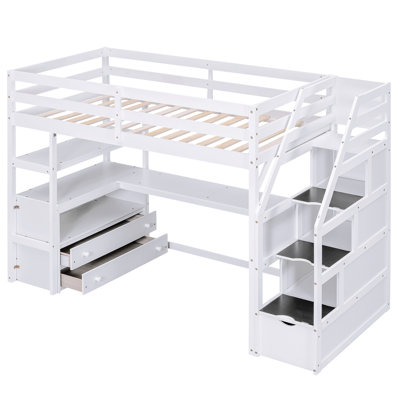 Loft Bed With Desk And Shelves, Two Built-In Drawers, Storage Staircase