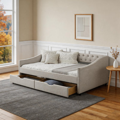 Beige Full Daybed with 2 Storage Drawers, Mid-Century Tufted Sofa Bed