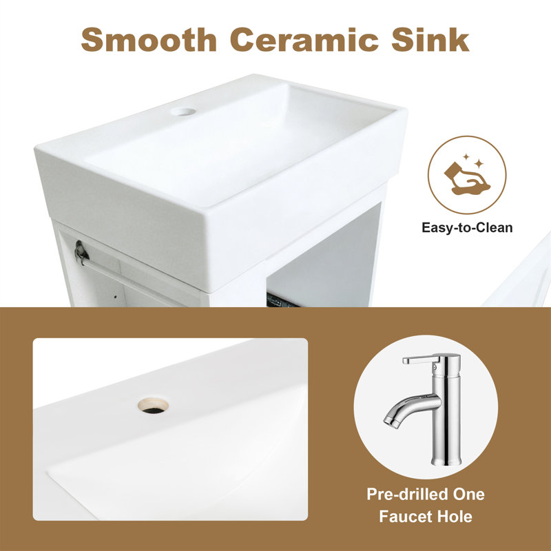 Meuble-lavabo simple l 20 po avec comptoir en céramique, tiroir et tablette latérale, Blanc