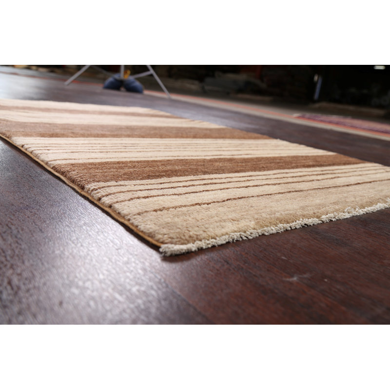 Tapis beige en laine noué à la main de conception unique 3 pi 3 po x 5 pi 2 po New Age