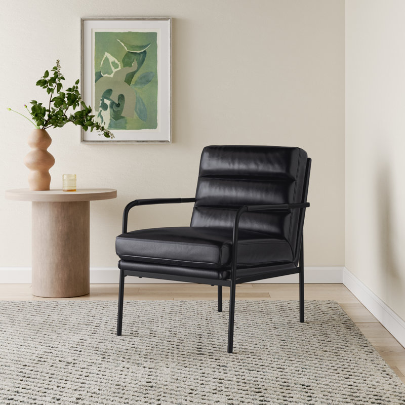 Keeley 23.5" W Top Grain Leather Armchair, Black Pebbled Top Grain Leather