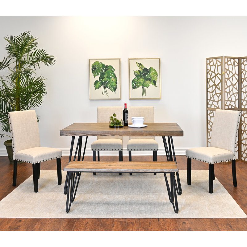 Ensemble de salle à manger 6 pièces, table à manger en épingle à cheveux avec 4 chaises et un banc en bois, 3 options de couleurs