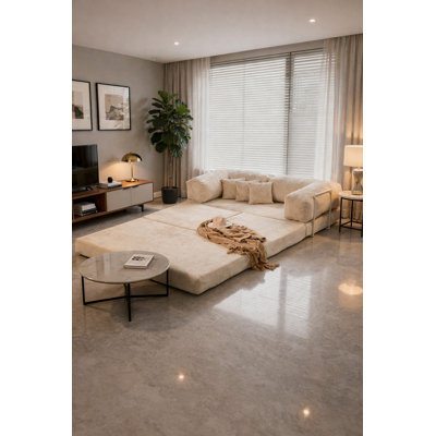 Canapé modulaire en velours beige à assise basse