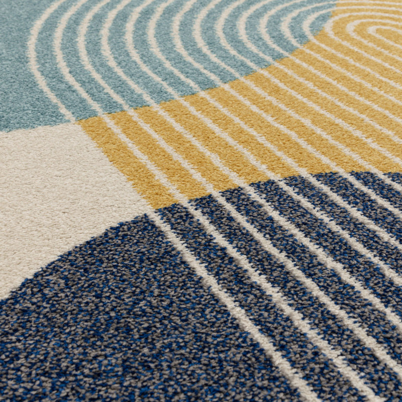 Blue Funky Modern Easy To Clean Abstract Rug For Dining Room, Rectangle 200 x 290cm, Chenille/Cotton
