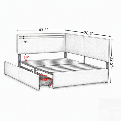 Structure de lit Boucle, lit nuage tapissier avec tête de lit, 2 tiroirs de rangement, lumière DEL, charge USB, pieds en bois massif, aucun sommier nécessaire