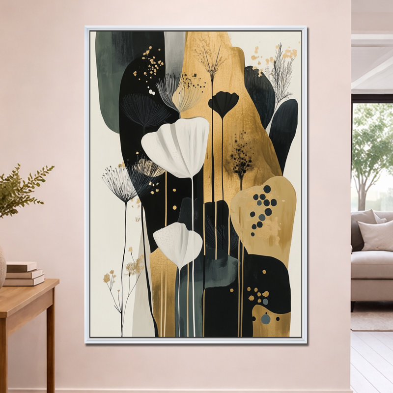 Fleurs de prairie dorées - Tableau encadré à motif floral, H 60 po x l 40 po, Cadre flottant blanc