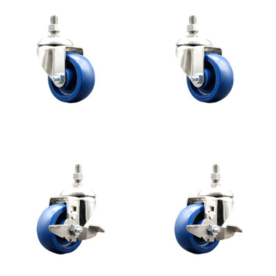 3.5 Inch 316SS Solid Polyurethane Swivel 12mm Stem Caster Set 2 Brake SCC