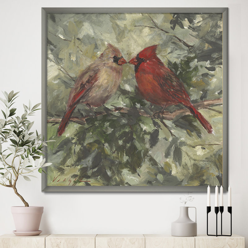 Kissing Cardinals - Reproduction de photo sur toile, H 16 po x l 16 po x P 1 po, Cadre argenté