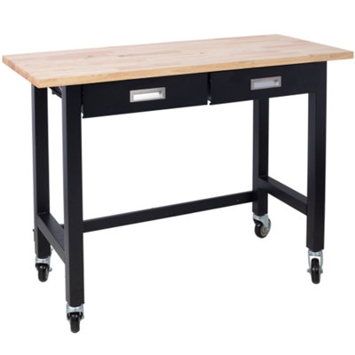 Work Bench, Workbench with Drawer Storage, Heavy Duty Bamboo Wood Work Table with Wheels for Garage Home Office