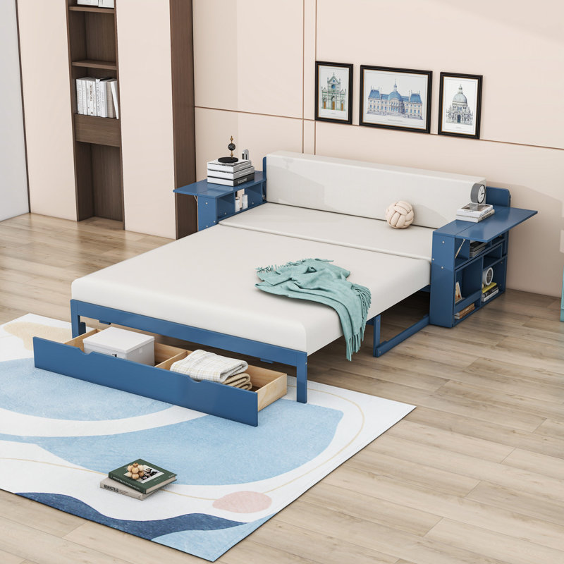 Daybed with Desk, Drawers and Side Table, Blue, Queen