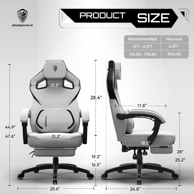 Ergonomic Fabric Gaming Chair with Adjustable Footrest & Lumbar Massage - High-Back Computer Office Chair for Adults, 300 lb Weight Capacity, Grey