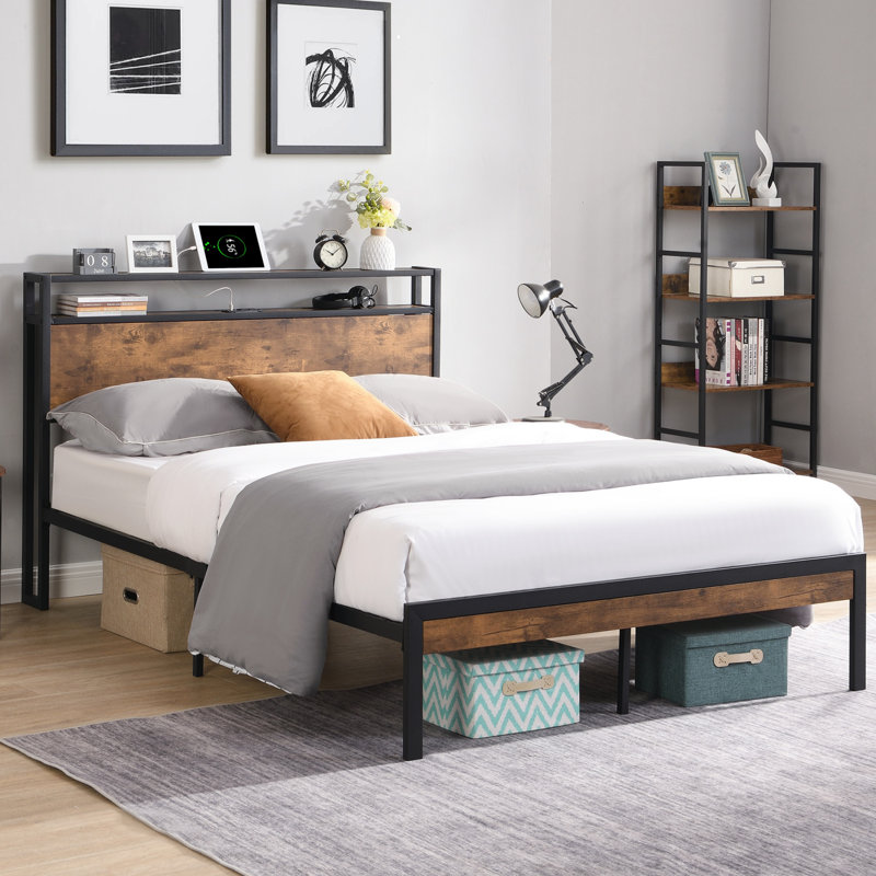 Structure de lit plateforme en métal avec tête de lit et pied de lit en bois avec doublure USB, aucun sommier nécessaire, grand rangement sous le lit, assemblage facile (lit)