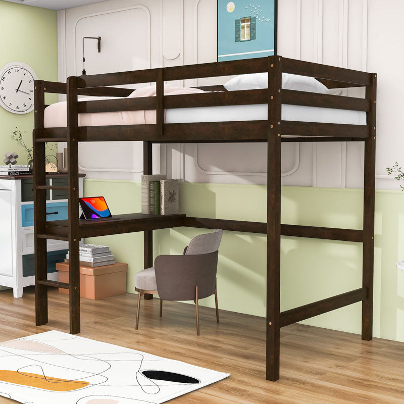 Twin Loft Bed With Built-In Study Desk, Safety Guardrail, And Ladder, Espresso