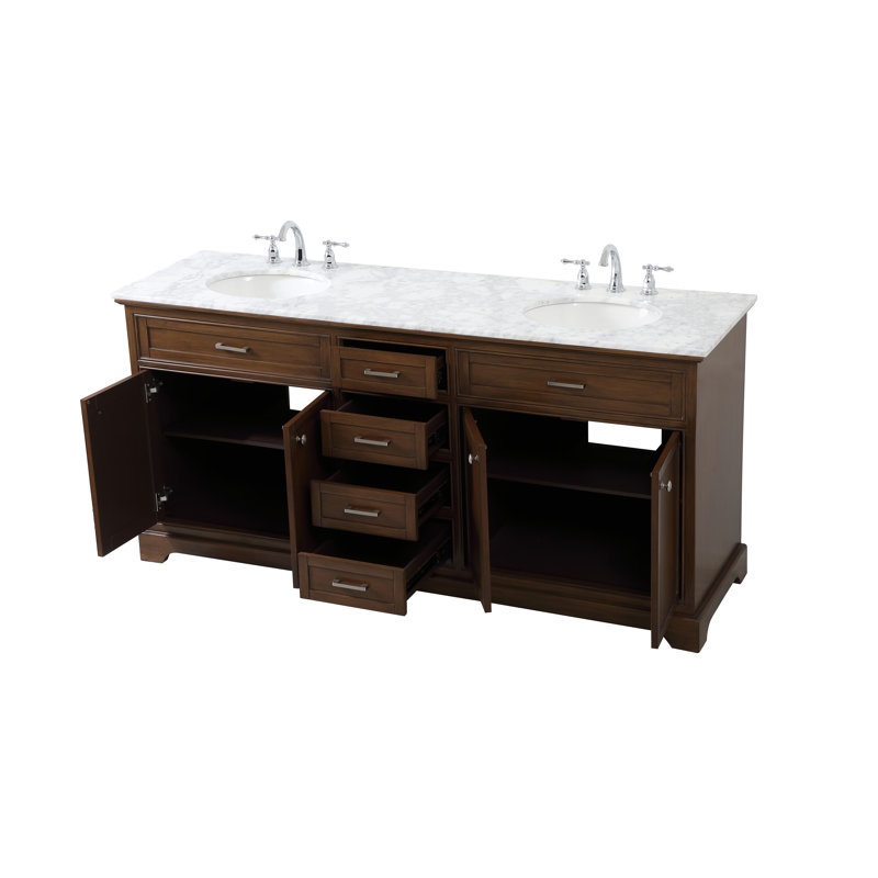 Ensemble de meuble-lavabo double 72 po Hermes, Teck foncé, Blanc de Carrare / gris