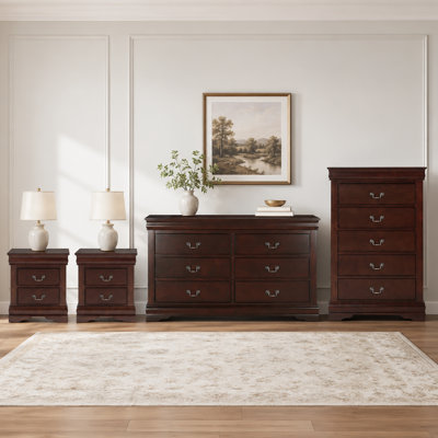 Ensemble de rangement pour chambre à coucher de style transitionnel, comprenant 2 tables de chevet, 1 commode et 1 chiffonnier, construction en bois massif, tiroirs à queue d'aronde, 4 couleurs – cerisier foncé