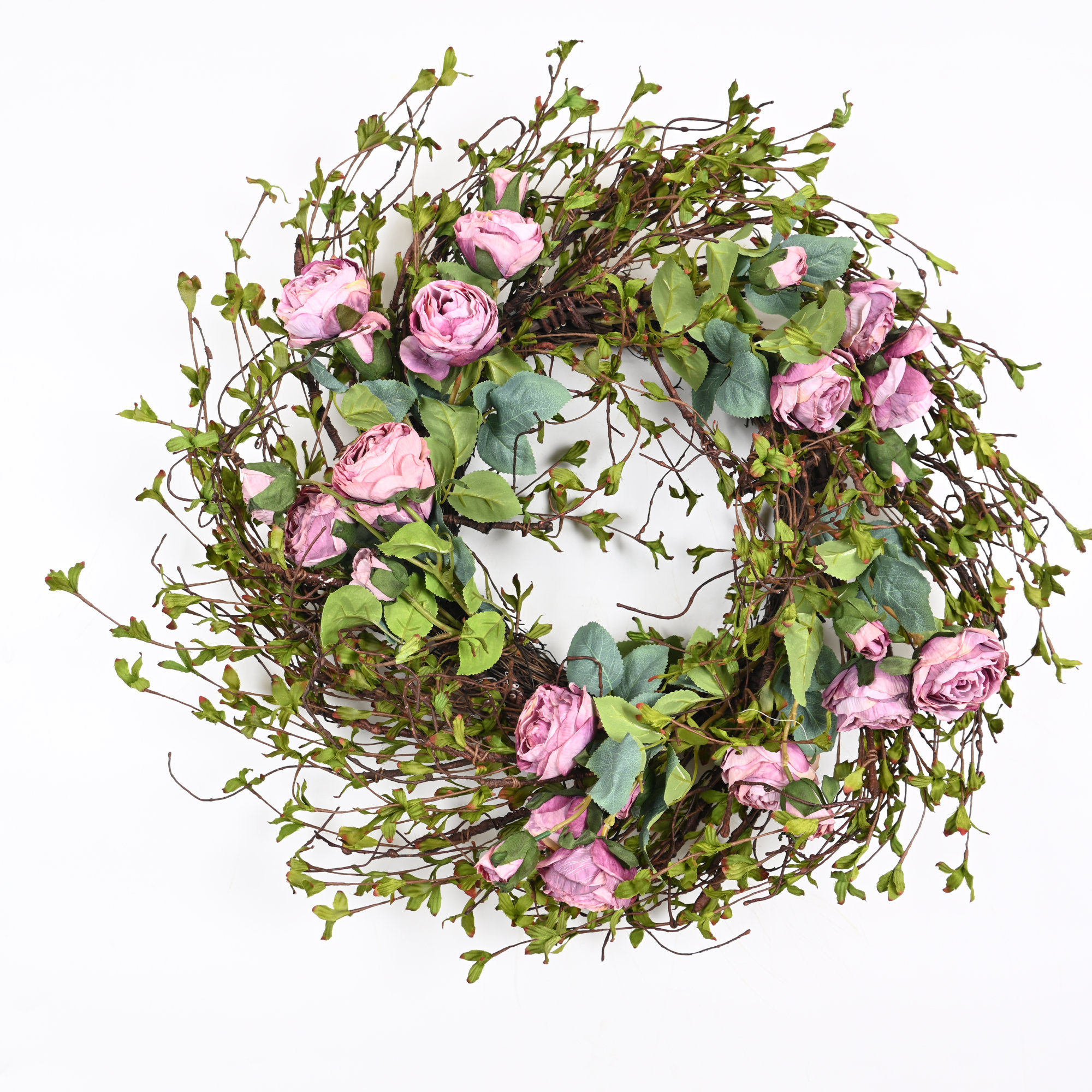 24" Artificial Farmhouse Spring Summer Rose Floral Wreath For Front Door Greenery Twig Home Wedding Party Wall Decor, Pink