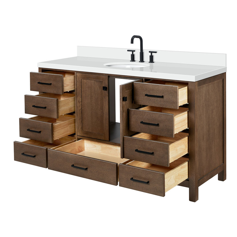 Amariani 61 in. W X 22 in. D X 35.25 in. H Vanity With Quartz Vanity Top With Basin, Brown Oak