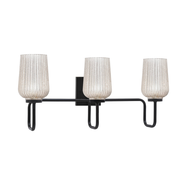 Amarmula 3 Light Bath Bar, Matte Black Finish, 5" Silver Textured Glass, Silver/Clear, Black