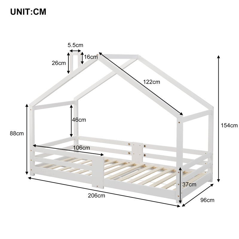 Giddings Children's Wooden House Bed 90 x 200 cm, incl. Blackoard | Slatted Frame | Fall Protection, Made of Pine Wood (without mattress)