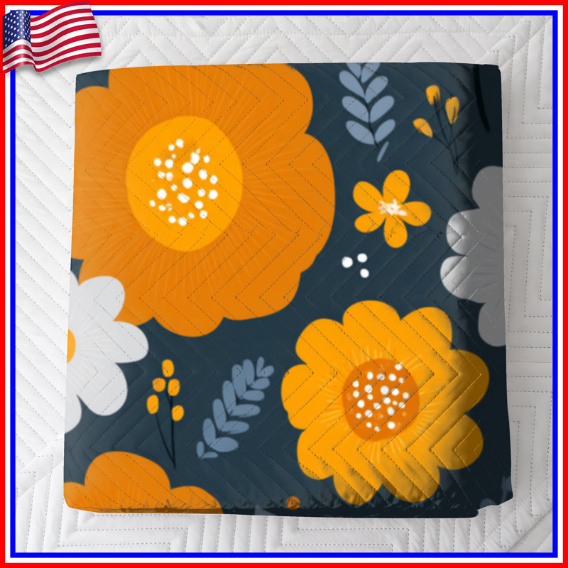 Couvre-lit matelassé orange et fleurs blanches, Grand lit