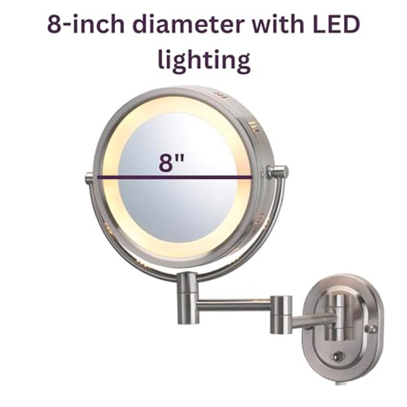 Ake 8" Lighted Wall Mount Magnified Makeup Mirror, Plug In, Nickel